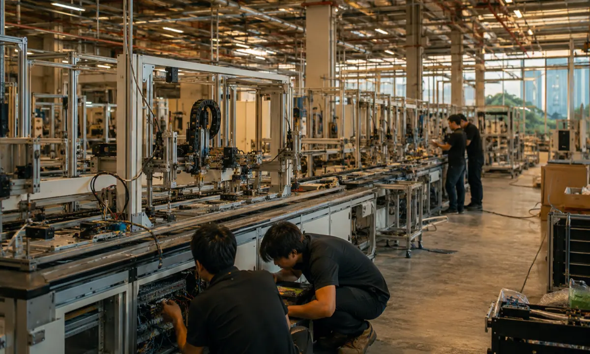 Engineers commission an unbranded mechatronics assembly line inside a Singapore industrial facility.