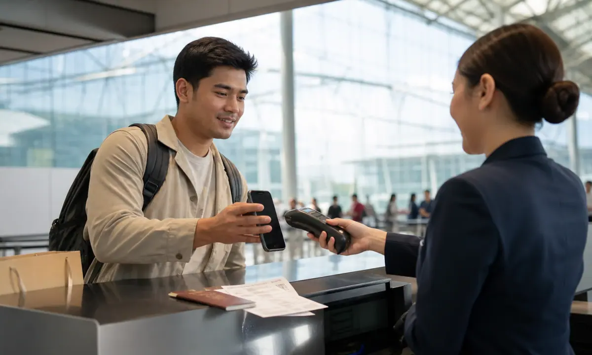 A Filipino traveller presents a phone for scanning at an airport tax-refund counter.