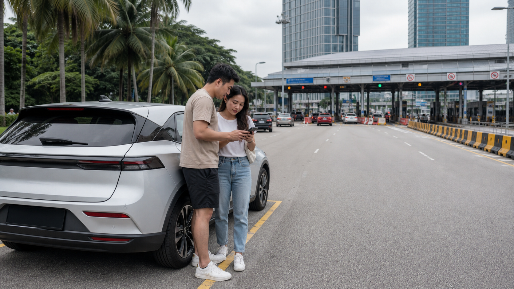 AI-generated editorial illustration of travellers planning a cross-border car journey from Singapore to Malaysia