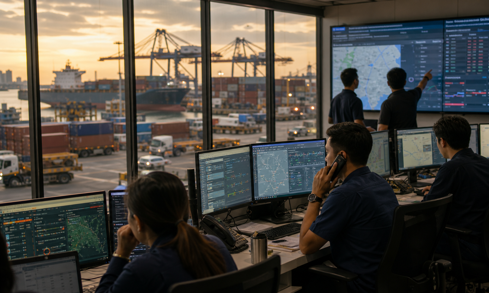 A Southeast Asian logistics control room tracking ships, trucks and warehouse exceptions with an AI operations layer.
