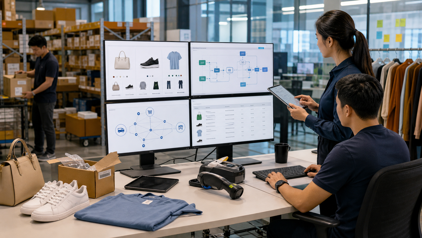 A Southeast Asian commerce team coordinates online orders, warehouse inventory and performance data across connected screens.