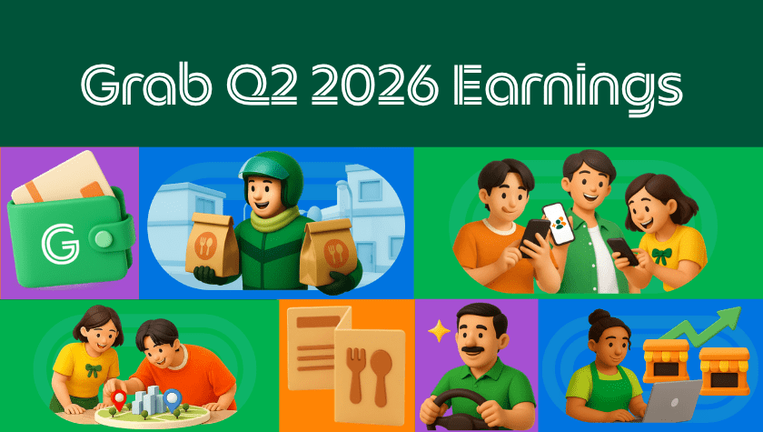 Grab Q2 2026 earnings artwork showing its mobility, delivery and financial-services businesses.