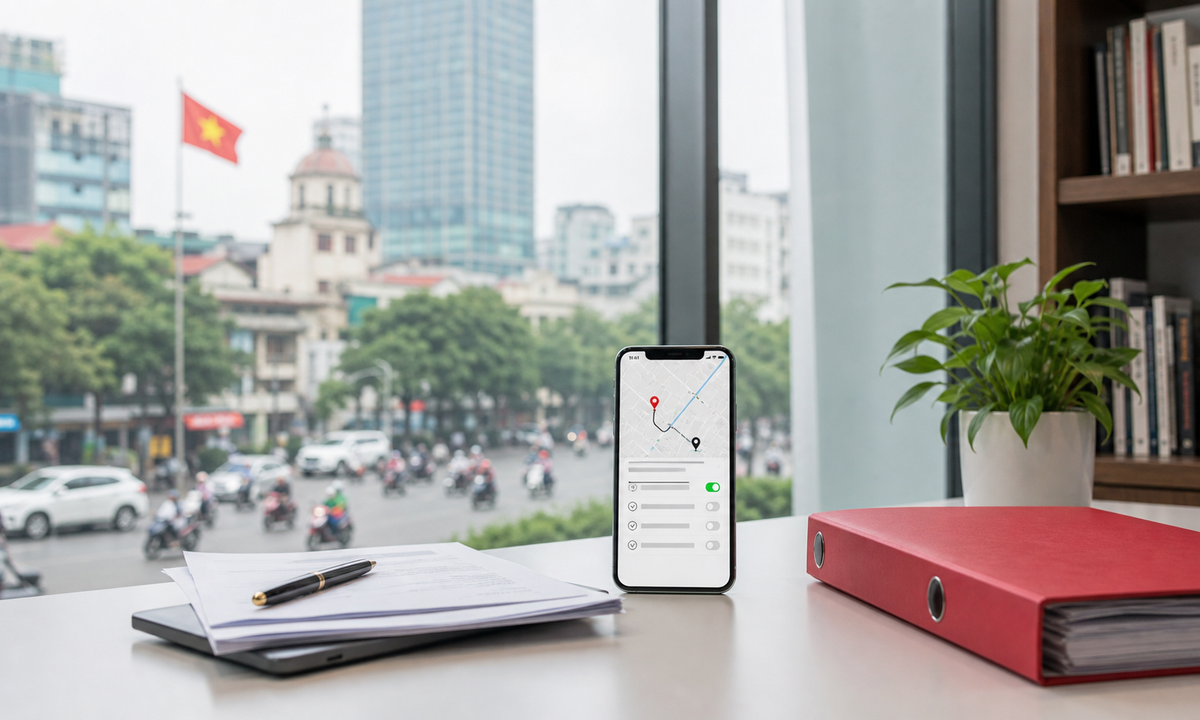 SEA Connect editorial image of a ride-hailing map, consent controls and compliance indicators overlooking Hanoi.
