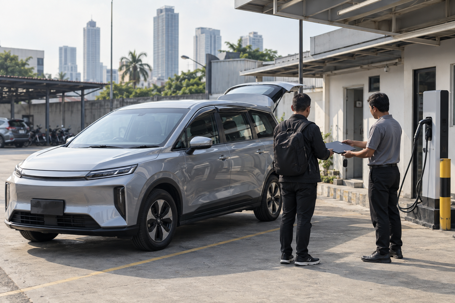 SEA Connect generated photo-style editorial image of driver onboarding beside an unbranded electric people-carrier and charging point in Jakarta.