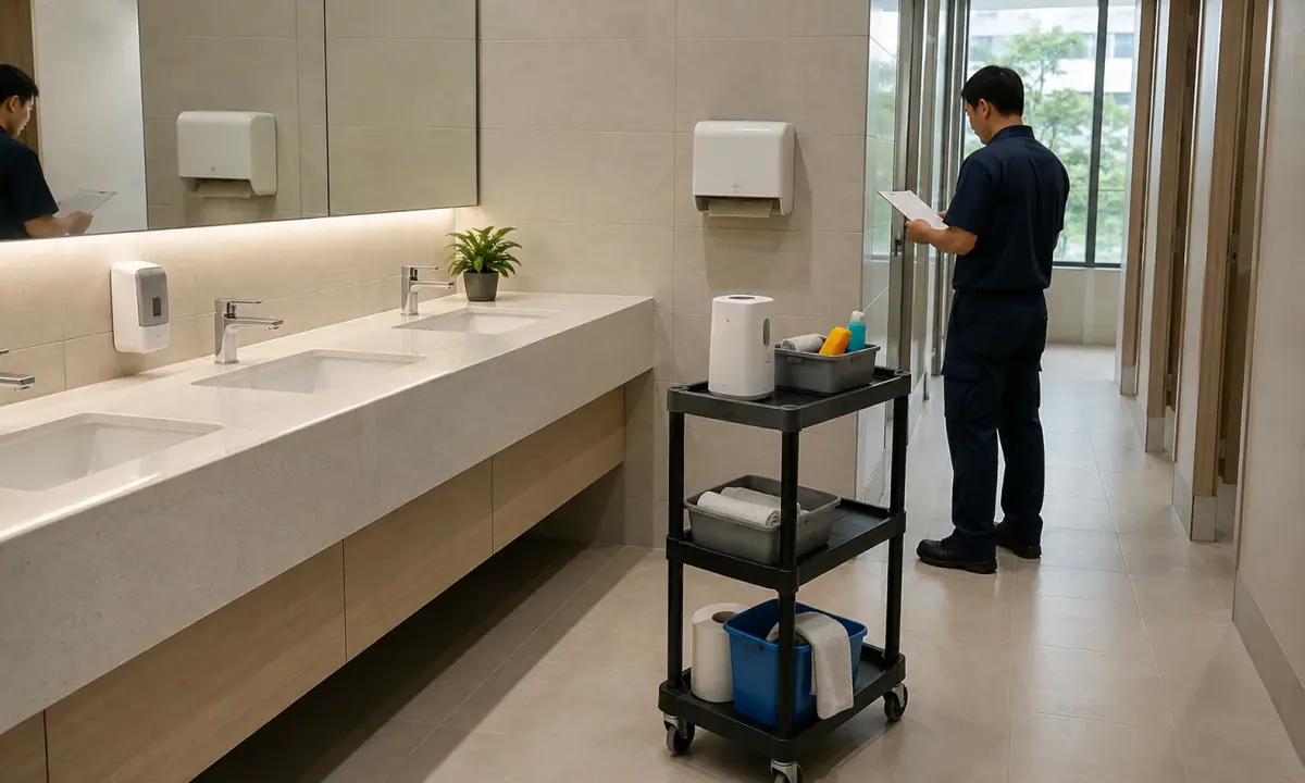 Illustrative commercial washroom with a maintenance technician inspecting a checklist