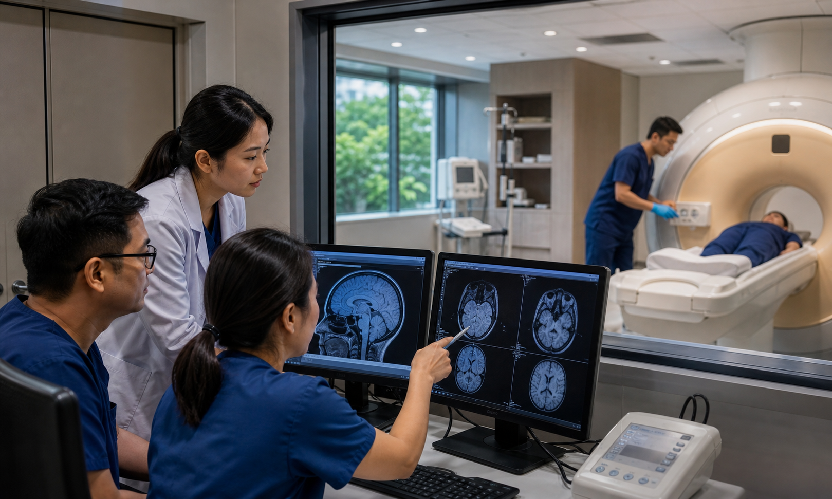 A radiology team reviewing diagnostic scans inside a Singapore outpatient imaging centre.