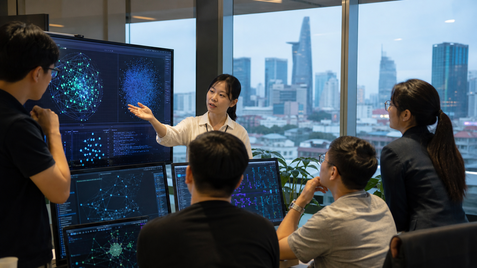 Vietnamese technology professionals reviewing AI and secure digital-ledger models in Ho Chi Minh City