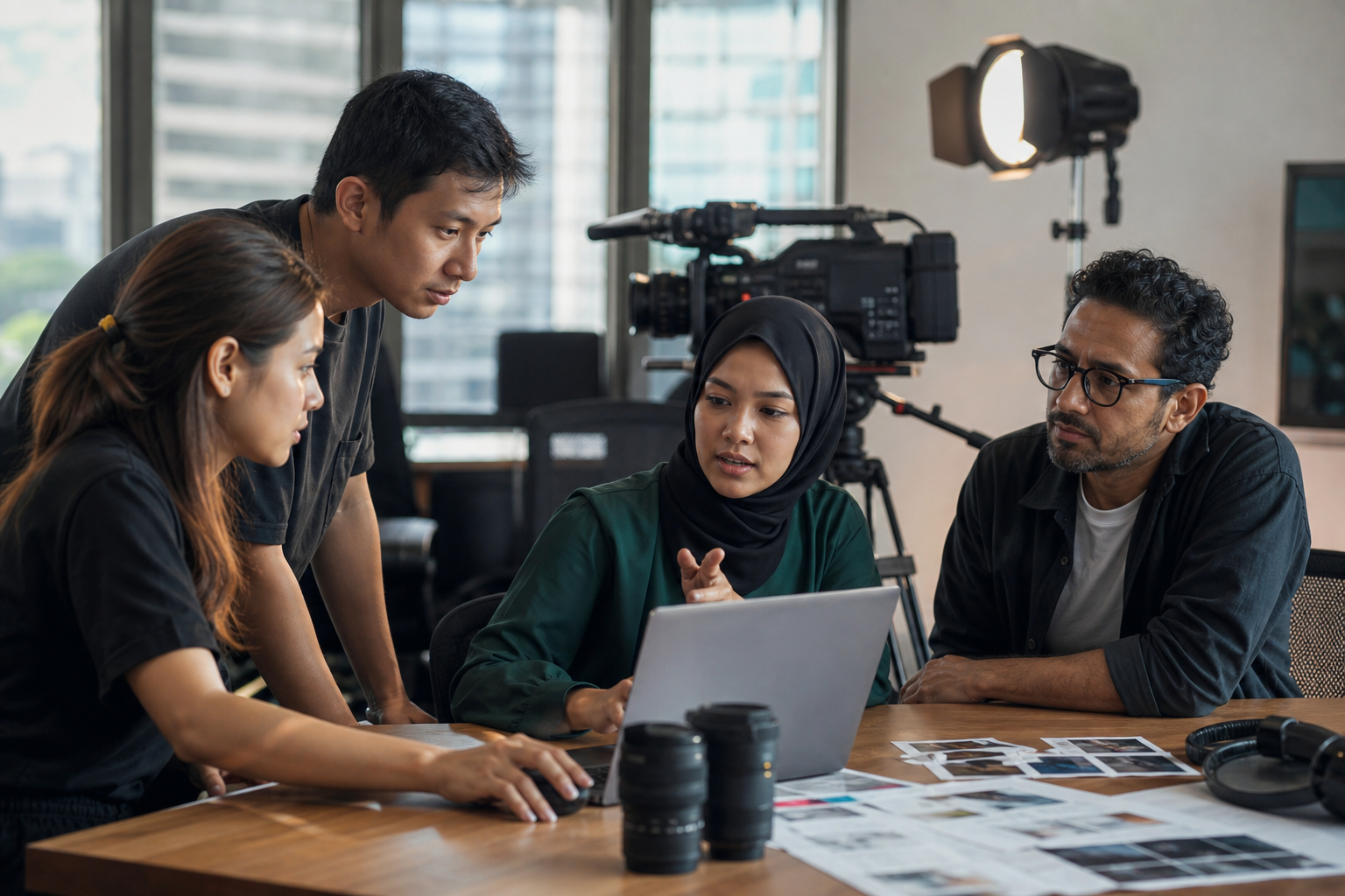 Singapore media-production team reviewing digital content at a camera-equipped workspace.