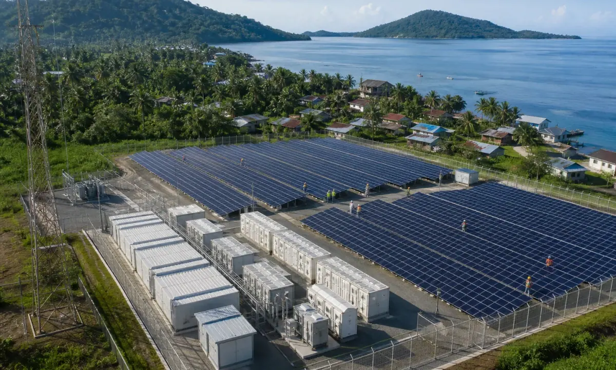 Editorial illustration of solar panels and battery storage serving an Indonesian island community and fishing cold-storage facility.