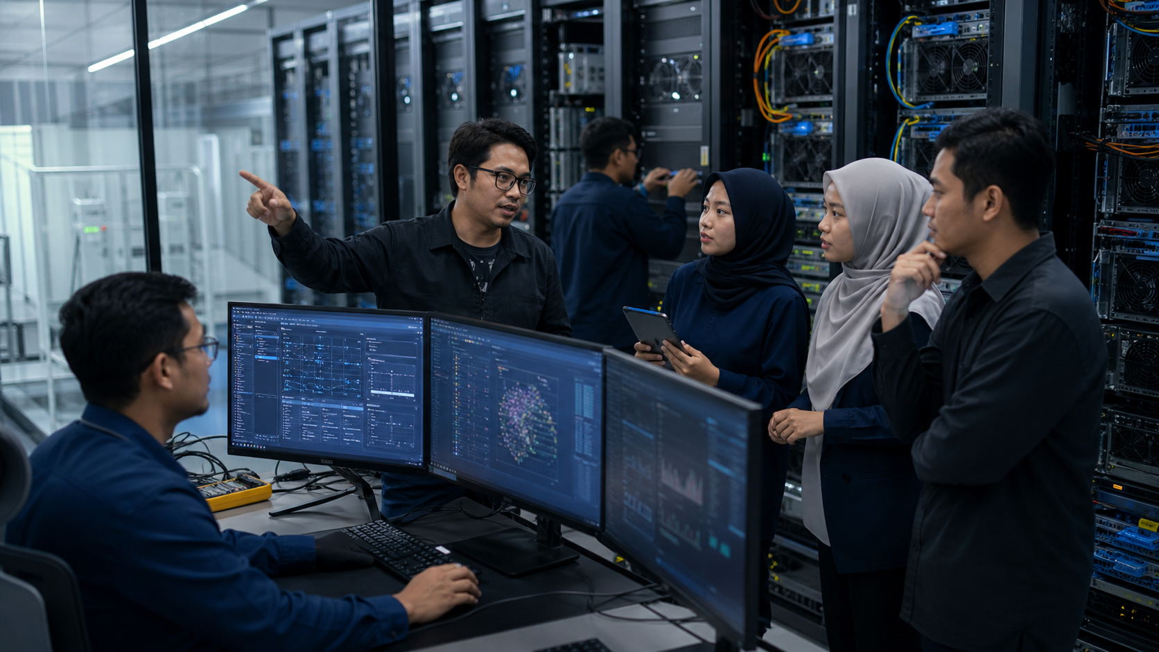 Indonesian AI engineers collaborating beside compute infrastructure in a technical operations facility.