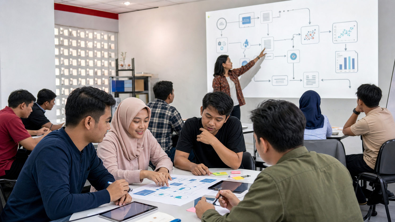 Indonesian adult learners and an instructor work through an AI-skills training exercise.