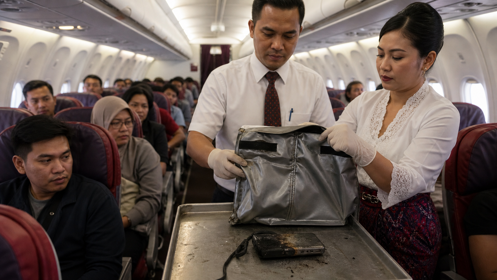 Cabin crew place a scorched portable battery into a fire-resistant containment bag.