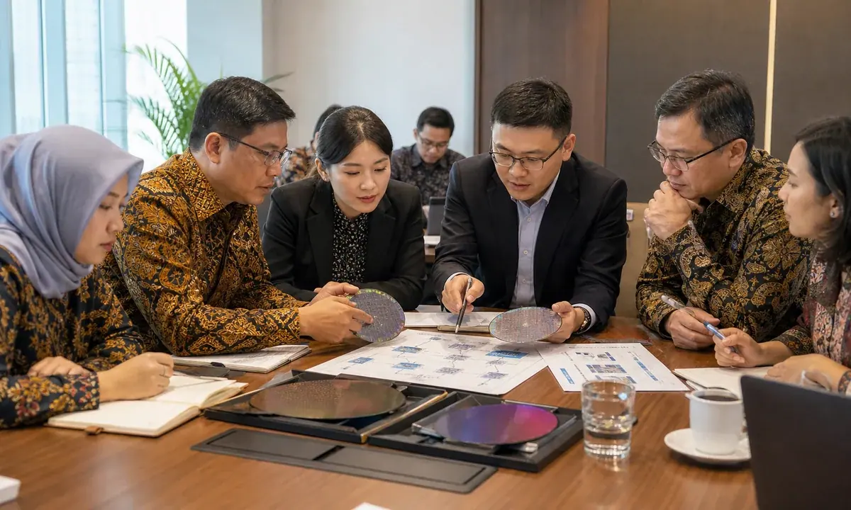 An illustrative working session with Indonesian and Chinese technology-policy specialists reviewing semiconductor and AI plans.
