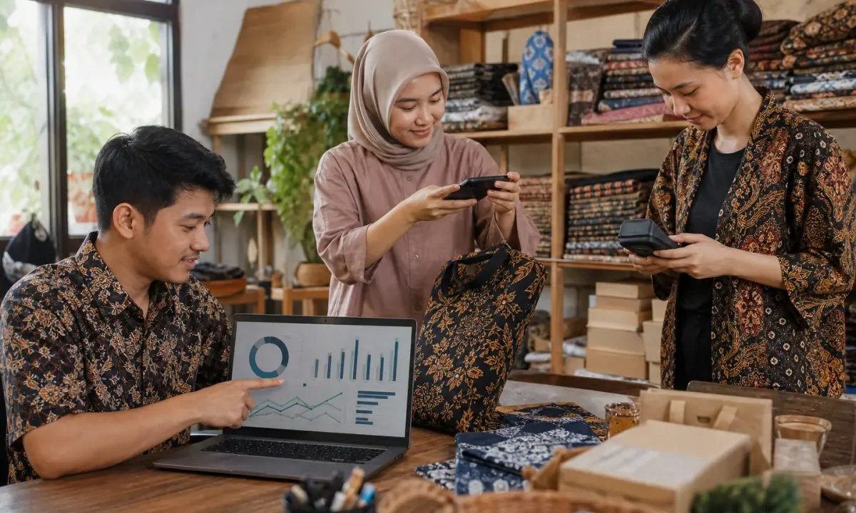Three Indonesian small-business operators use digital tools in a batik workshop.