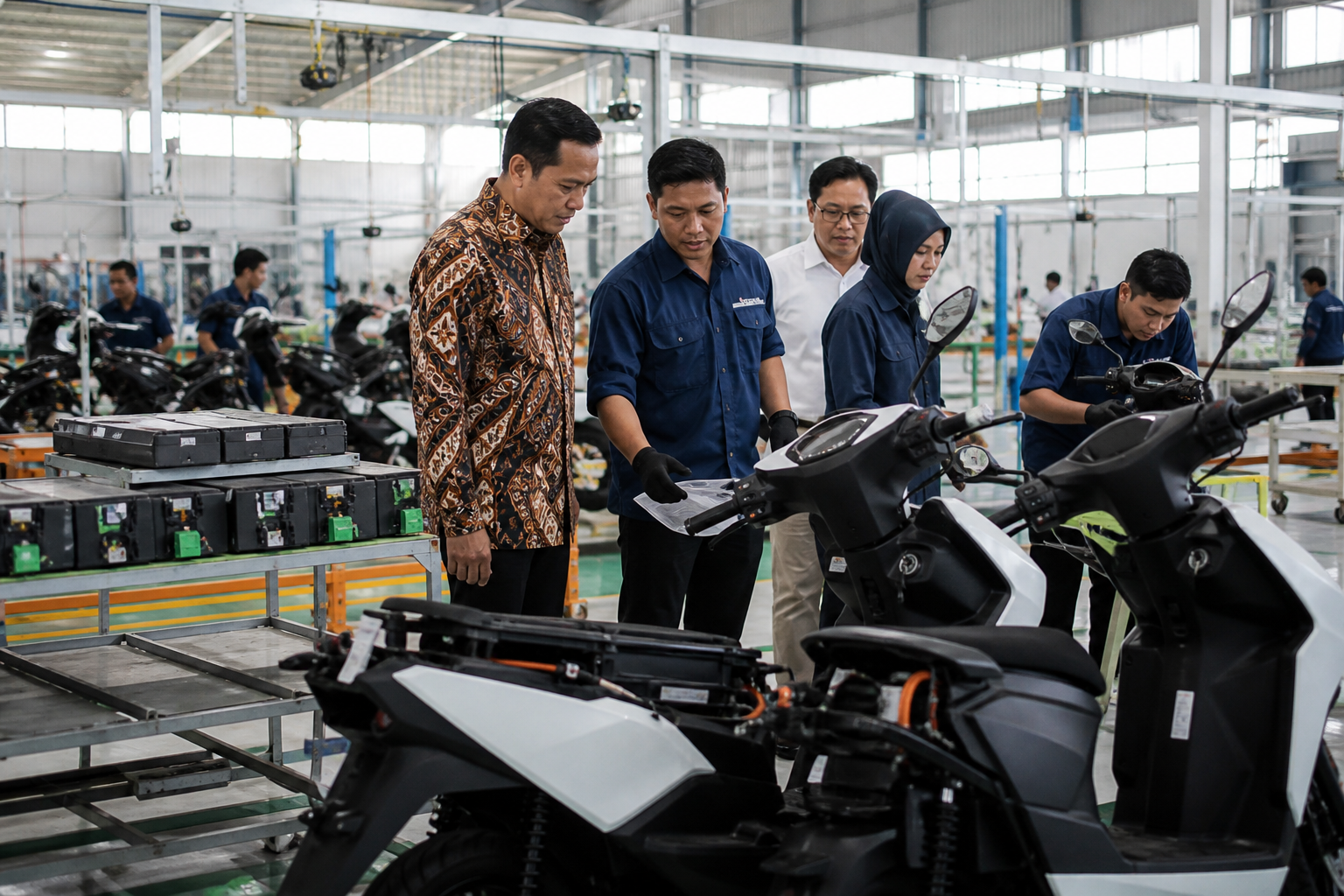 Indonesian workers and industry representatives inspect locally assembled electric motorcycles and battery packs on a factory floor