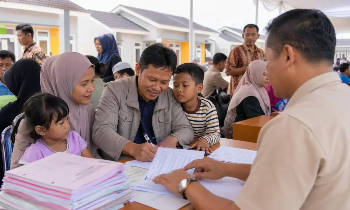 Affordable-housing finance signing scene with home-loan forms and a residential district plan for Indonesia.
