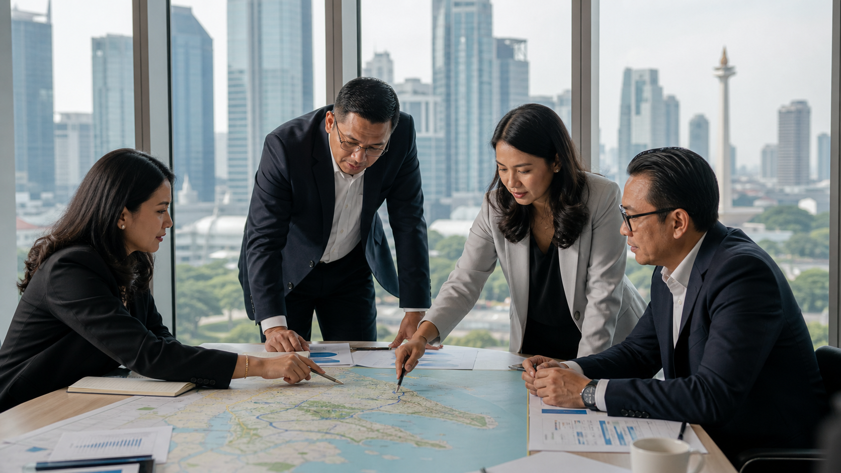 Indonesian finance professionals reviewing a Jakarta and Bali financial centre plan