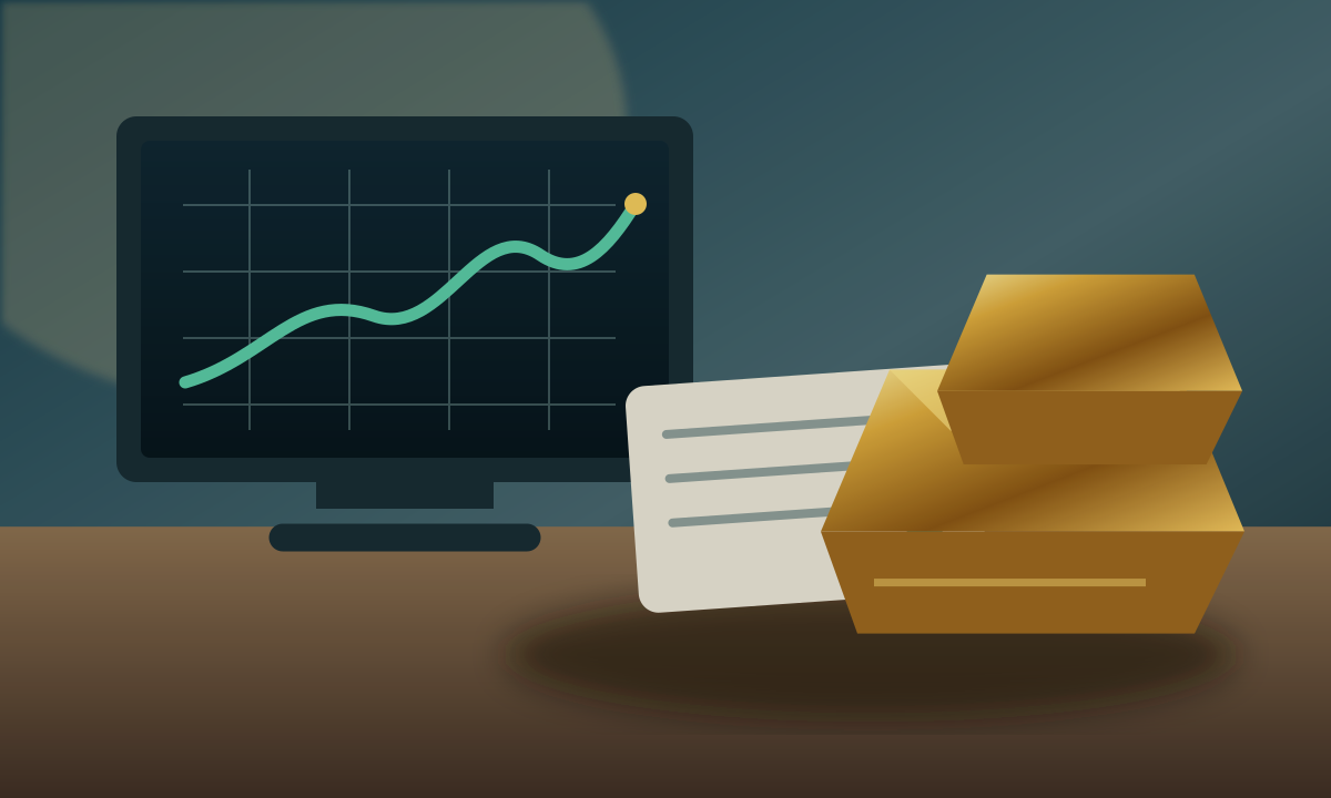 Original SEA Connect editorial image of physical gold bars beside a custody ledger and a softly lit exchange-market screen.