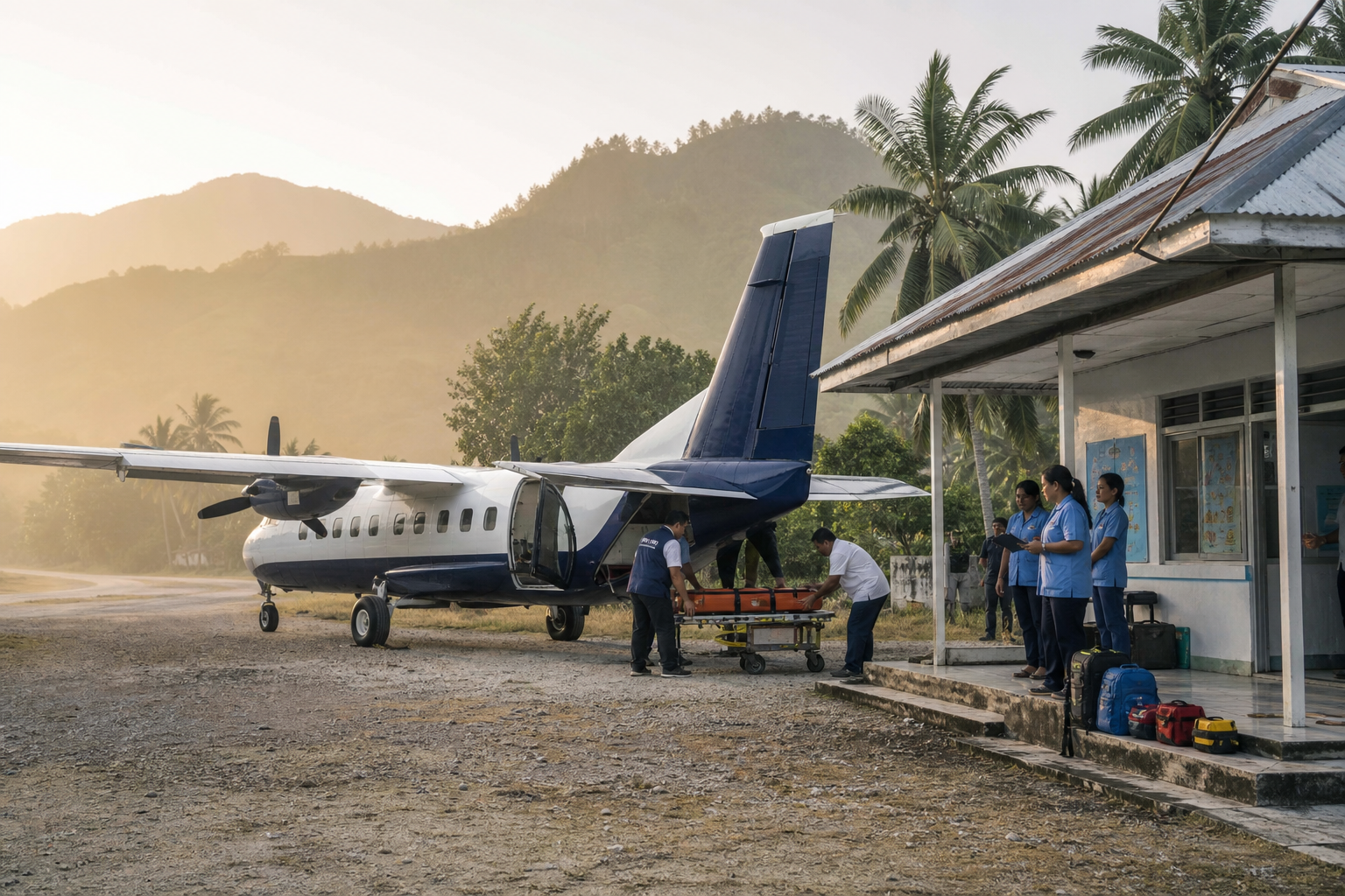 Editorial illustration of a twin-engine N219 aircraft approaching a remote island clinic with an emergency medical landing zone