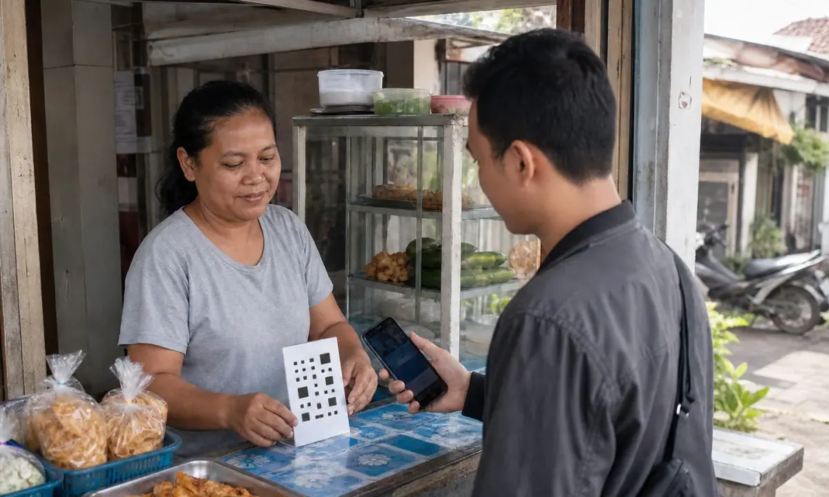 An Indonesian food-stall owner accepts a customer’s phone-based QR payment at the counter.