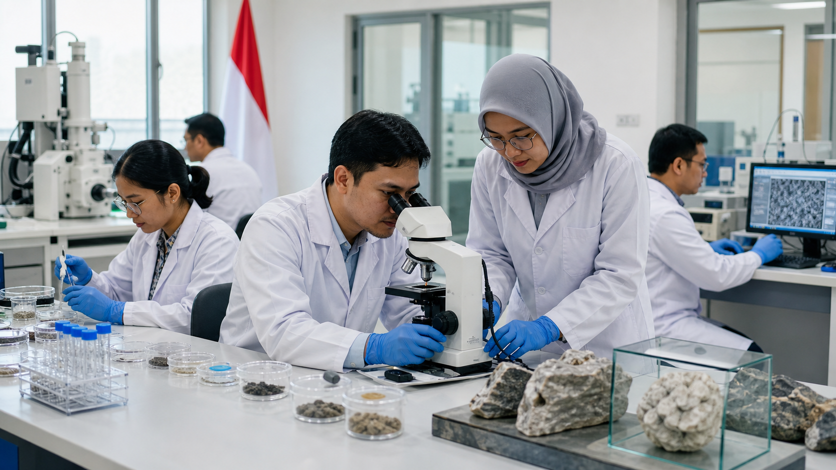 Indonesian researchers collaborating with scientific instruments in a modern laboratory.