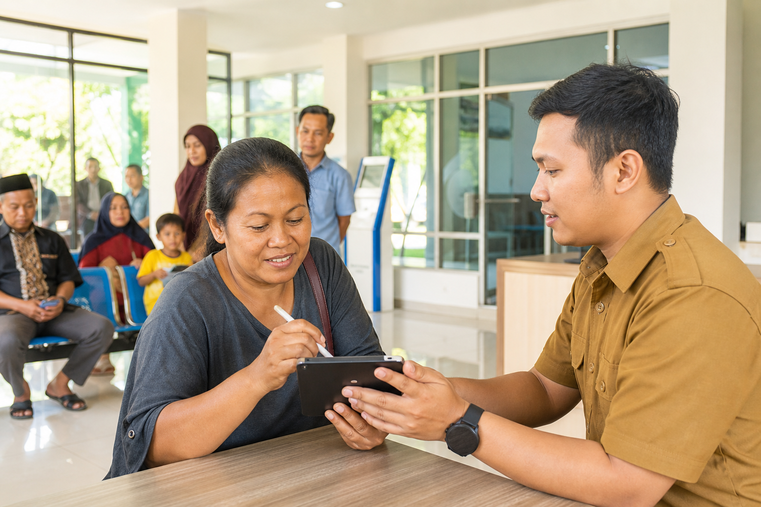 Editorial illustration of an Indonesian family completing a digital assistance registration at a public service registration counter with a secure identity screen
