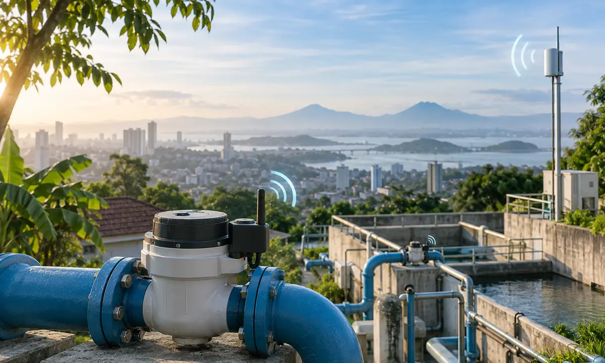 Conceptual connected water meter and LoRaWAN gateway in an Indonesian utility setting.