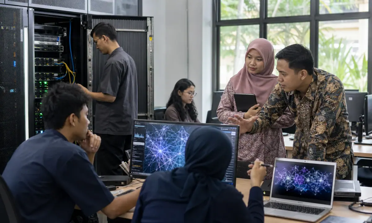 Indonesian university researchers working with an AI server and local research displays
