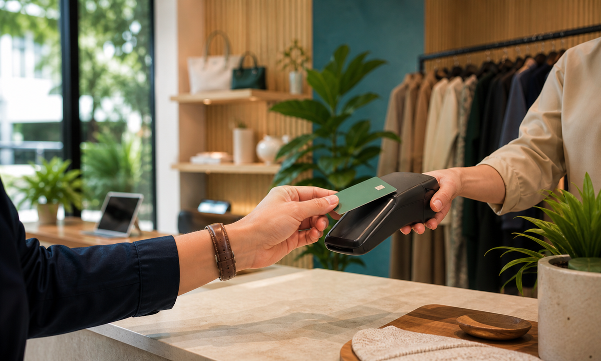 A merchant terminal processing a contactless card payment.