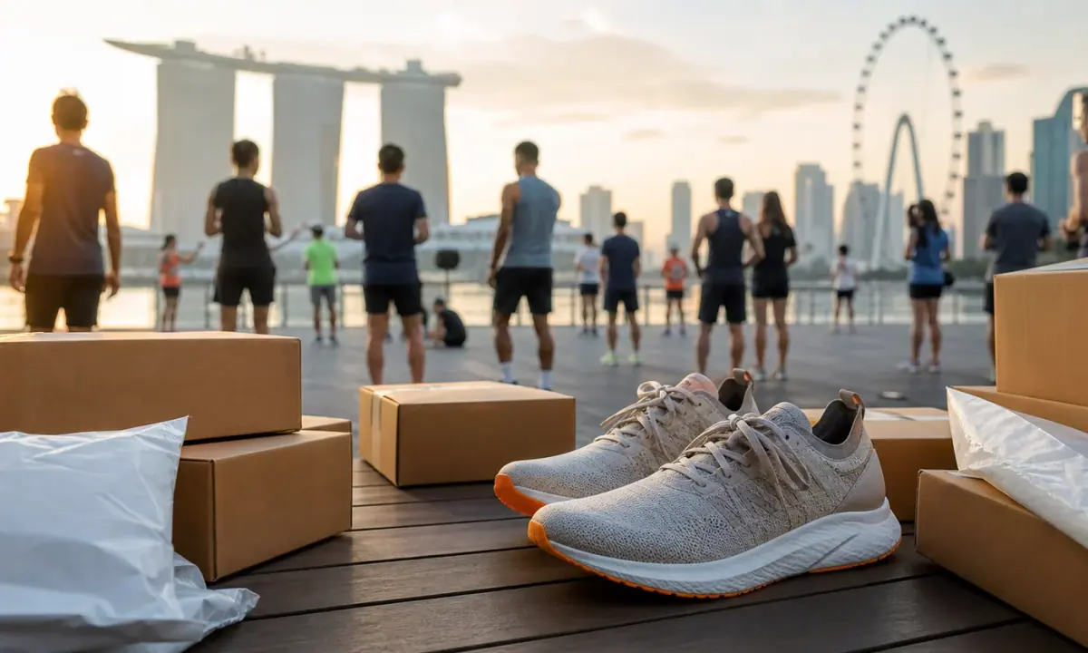 A story-specific editorial scene of an unbranded running-shoe launch and community run in Singapore.