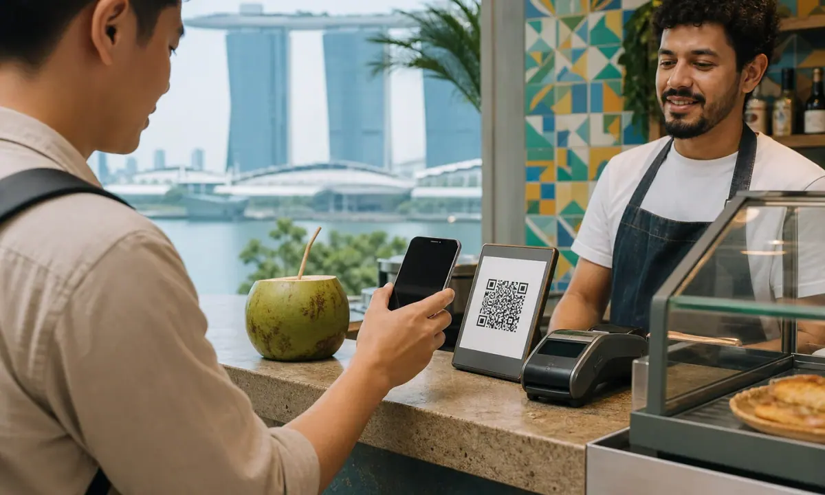 An Asian traveller making a QR payment at a Brazilian merchant counter.