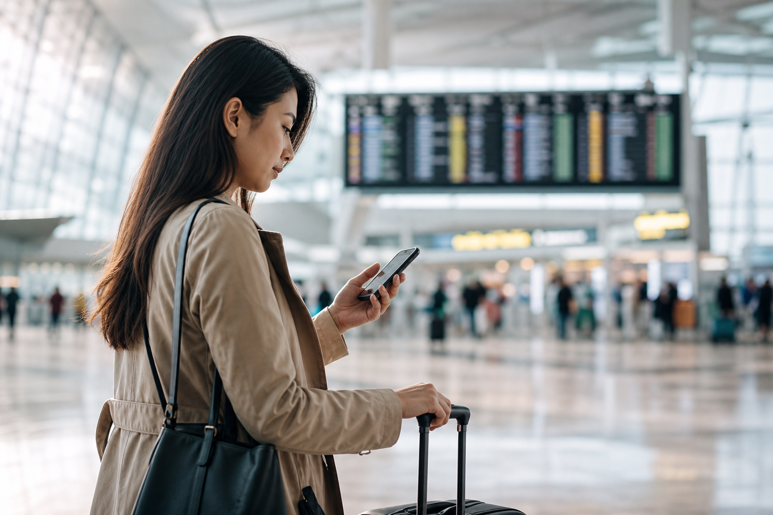 Traveller checking a phone at Singapore airport before an international flight.