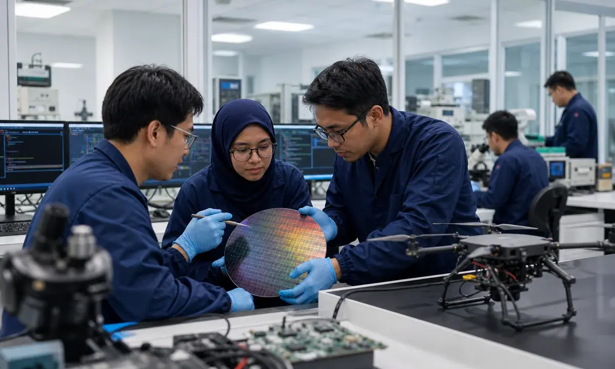 An illustrative Malaysian chip-design laboratory where engineers inspect a silicon wafer beside a drone prototype.
