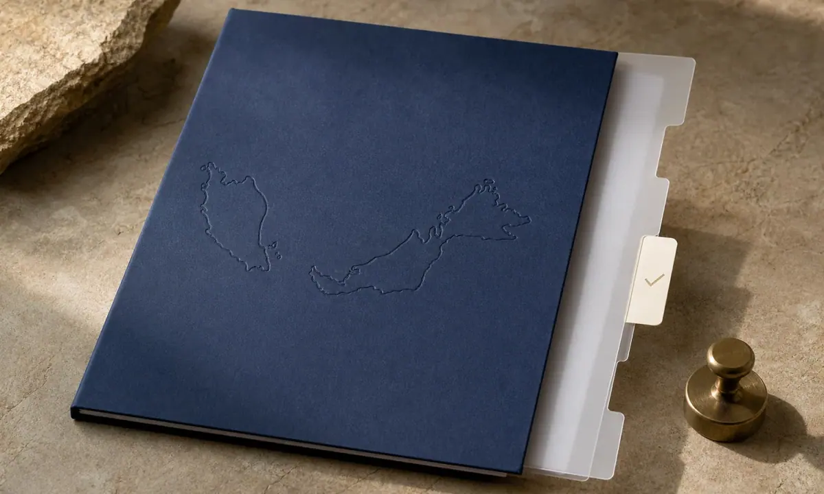 Unbranded blue policy folder with a Malaysia map outline, document tabs and a verification stamp.
