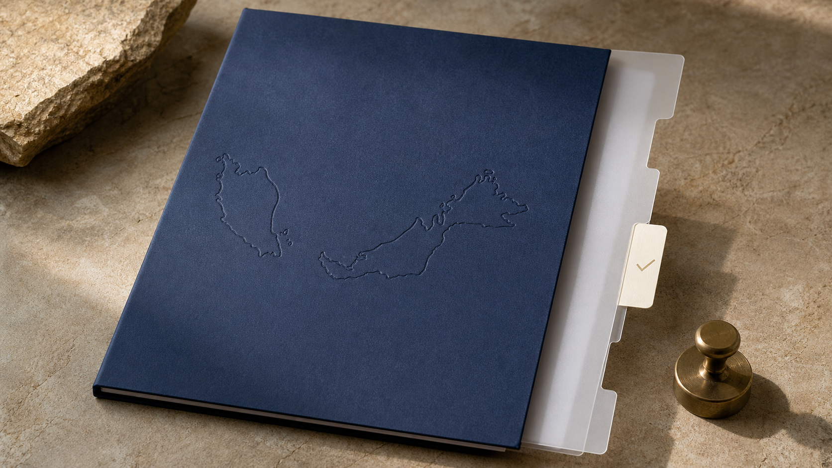 Unbranded blue policy folder with a Malaysia map outline, document tabs and a verification stamp.