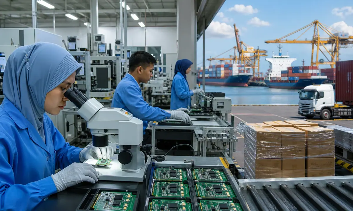 A Malaysian electronics manufacturing line connected to export logistics