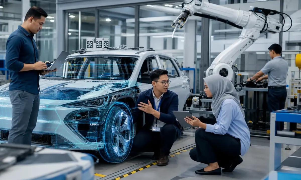 Malaysian engineers examine a connected electric-vehicle prototype alongside advanced manufacturing robotics.