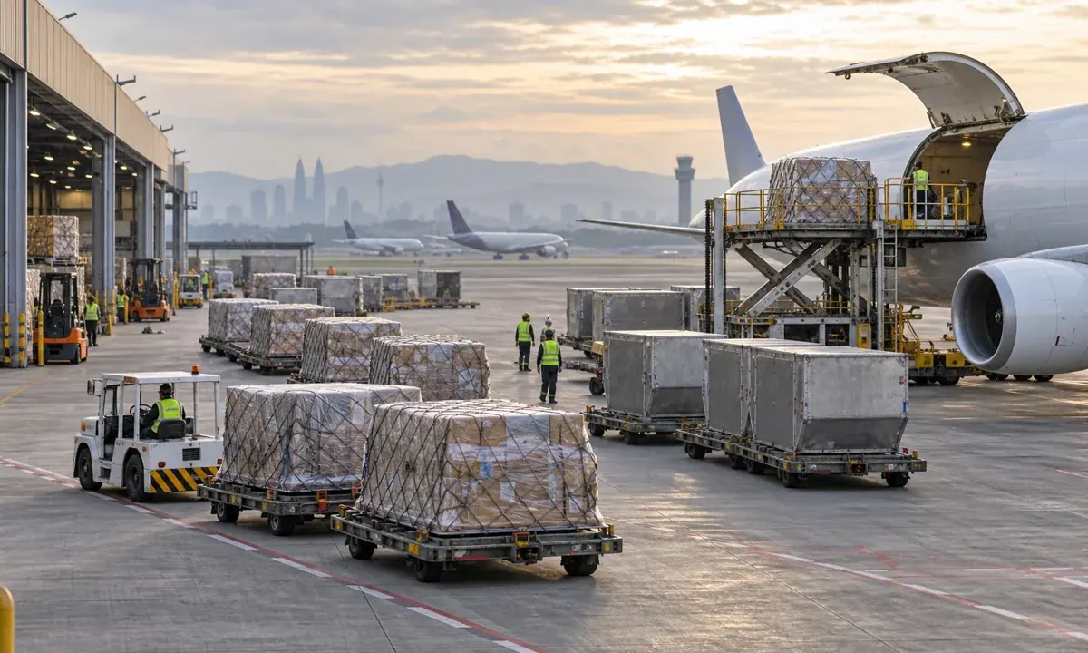 Cargo containers and parcel pallets move between an aircraft and warehouse on a tropical airport apron.