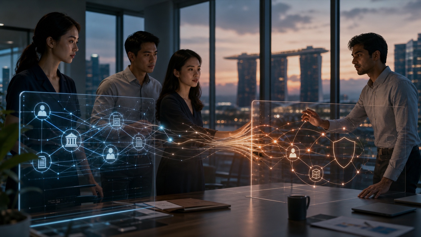 Illustrative scene of a Singapore technology team separating corporate digital systems into an independent workspace.