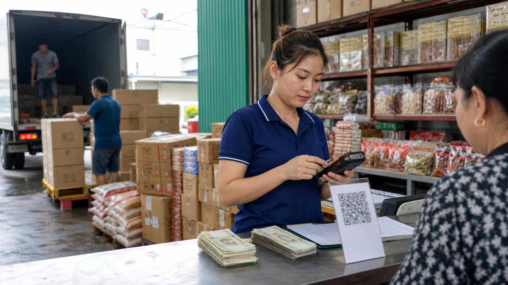 Vietnam wholesale warehouse counter with goods, cash, QR payment stand and handheld payment device.