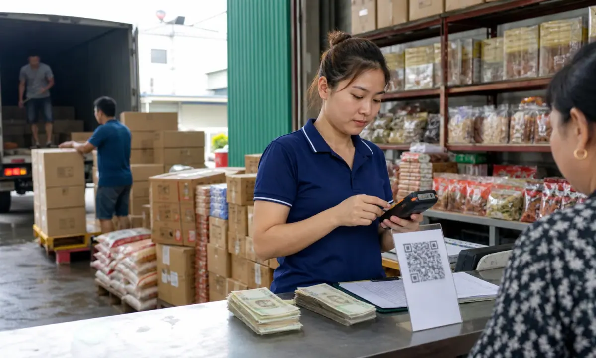 Vietnam wholesale warehouse counter with goods, cash, QR payment stand and handheld payment device.