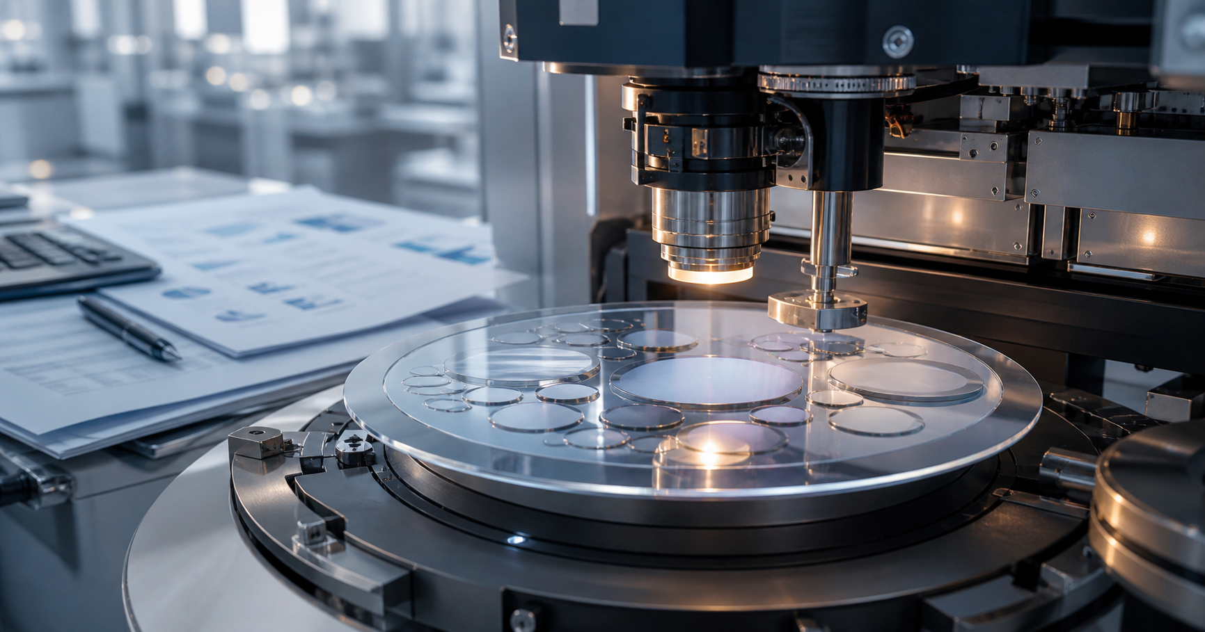 A story-specific editorial scene of precision optics fabrication and glass wafers.