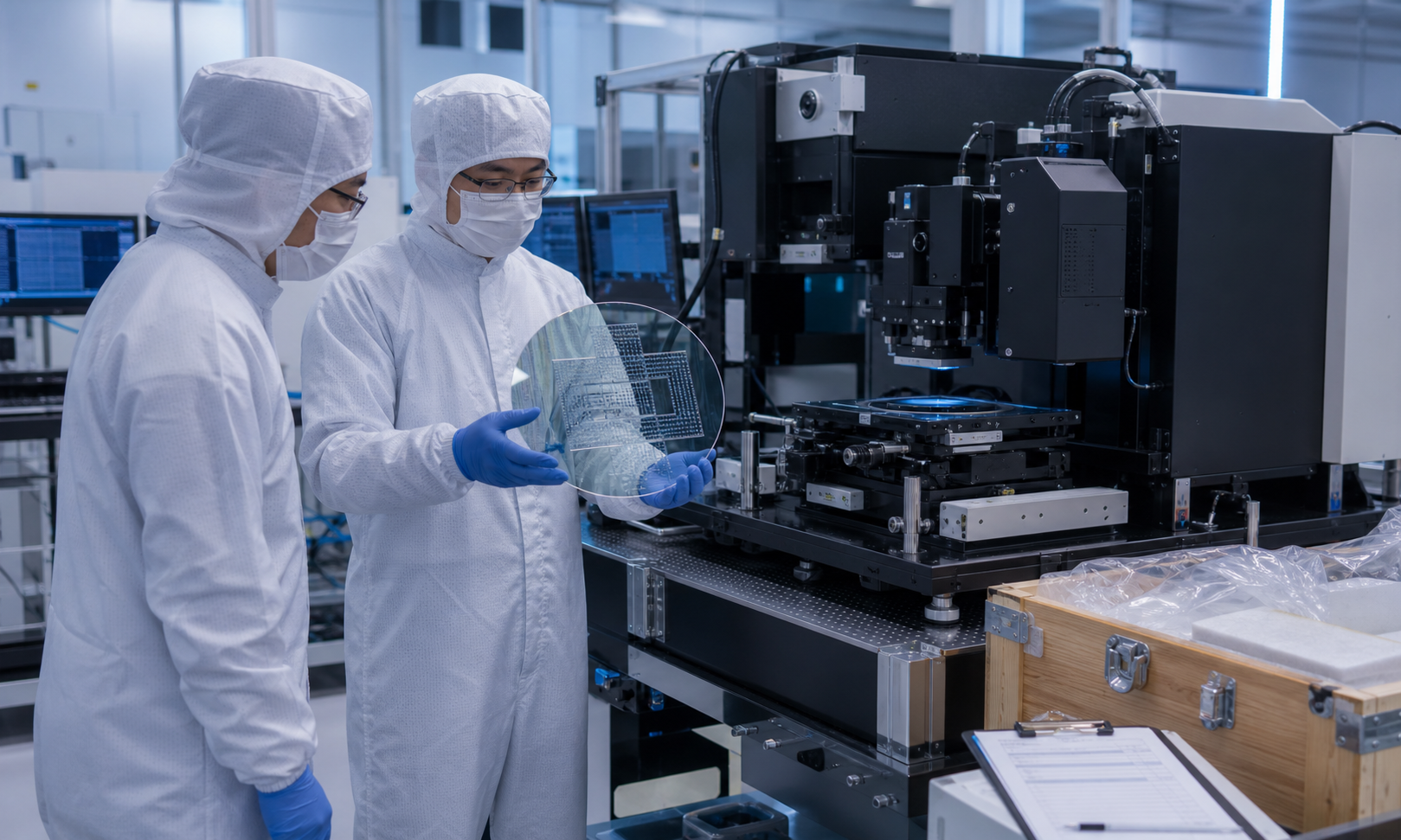 A cleanroom engineer operating a precision laser writer beside a glass wafer.