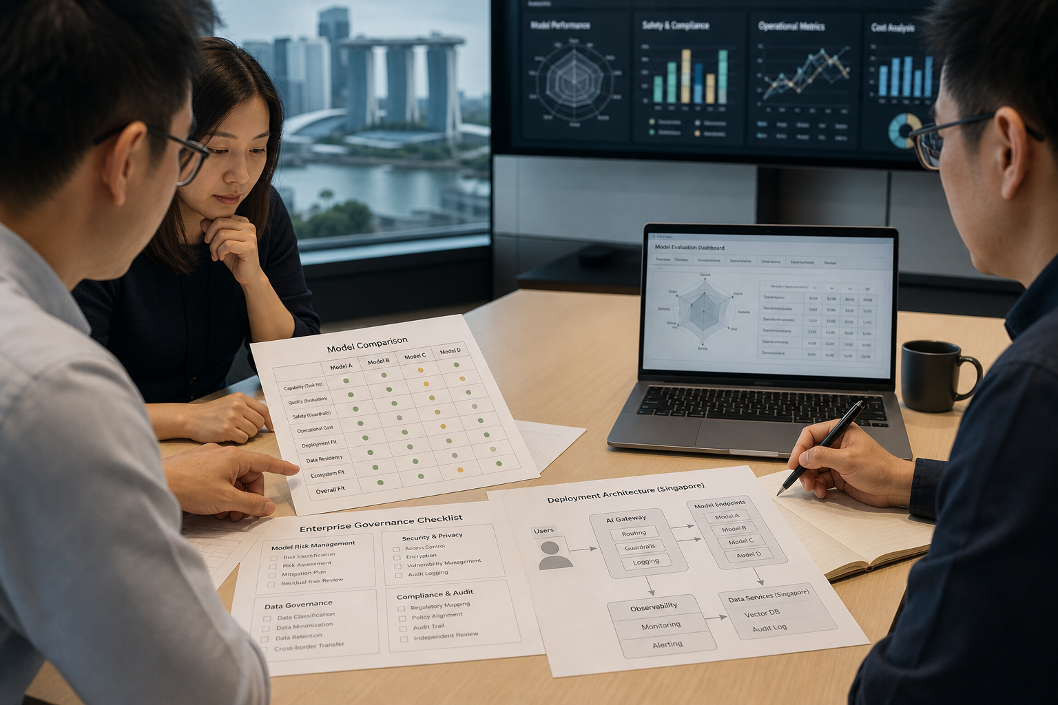 Model comparison papers, governance checklists and deployment diagrams in a Singapore enterprise review meeting.