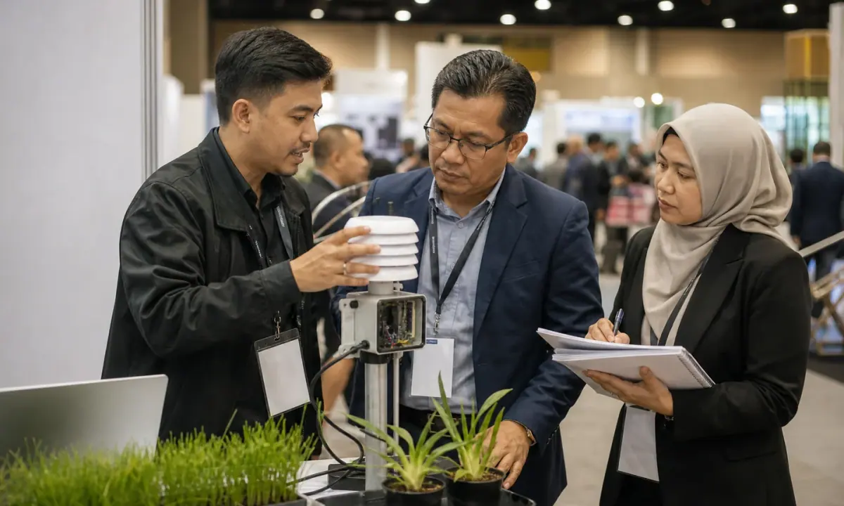 Illustrative Malaysian founder demonstrating an agricultural sensing prototype to an industry buyer and investor.