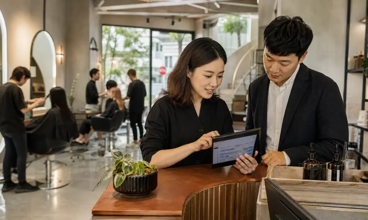 A salon manager and business counterpart review the digital appointment workflow inside an operating beauty salon.