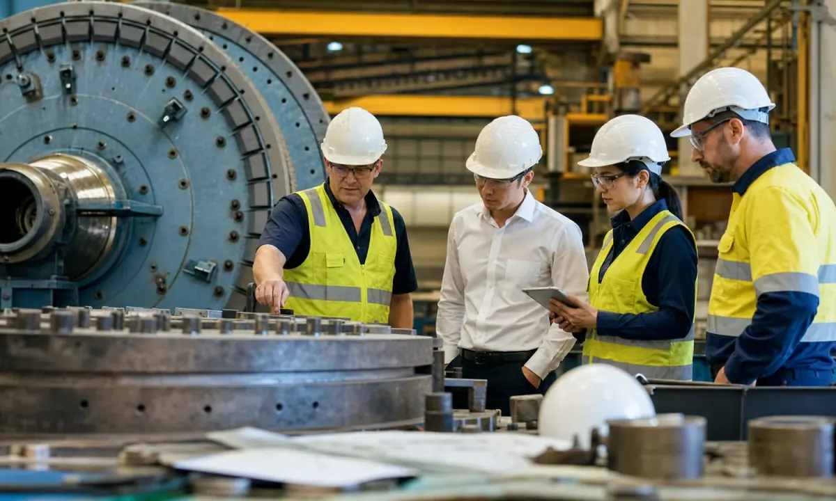Engineers and investment operators inspect heavy industrial mining-equipment components inside a workshop.