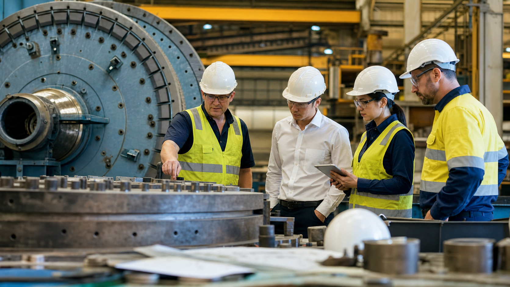 Engineers and investment operators inspect heavy industrial mining-equipment components inside a workshop.