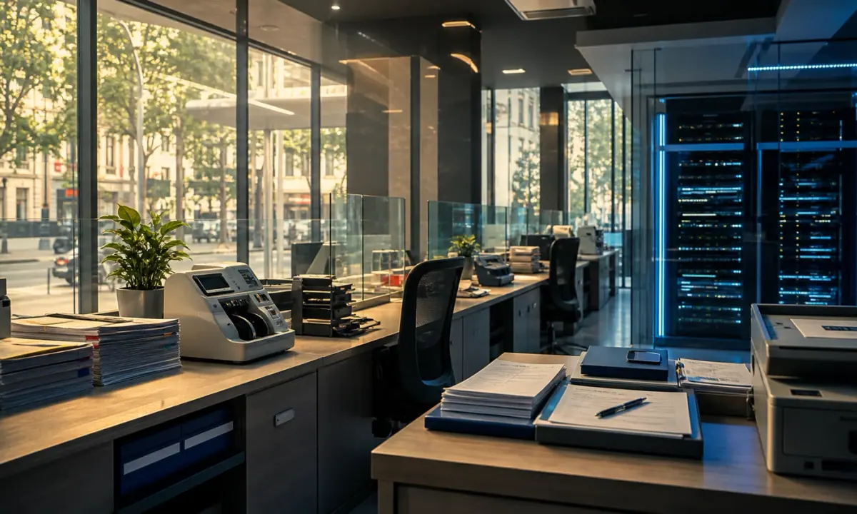A story-specific editorial scene of Vietnamese banking operations and secure technology infrastructure.