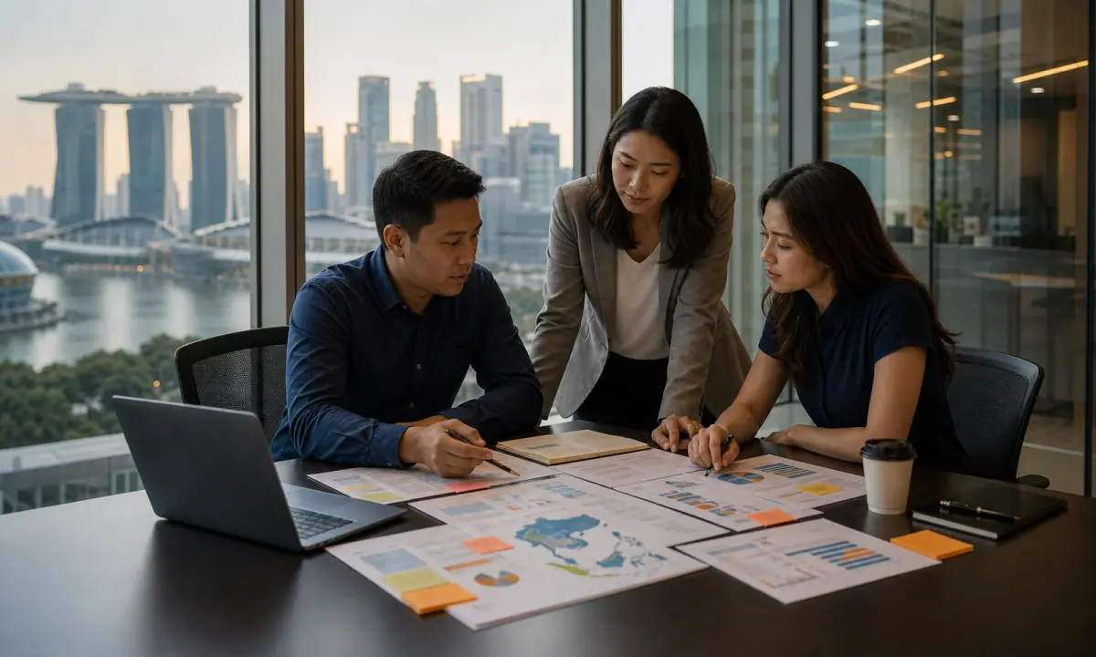 Regional market-entry planning materials on a practitioner table.
